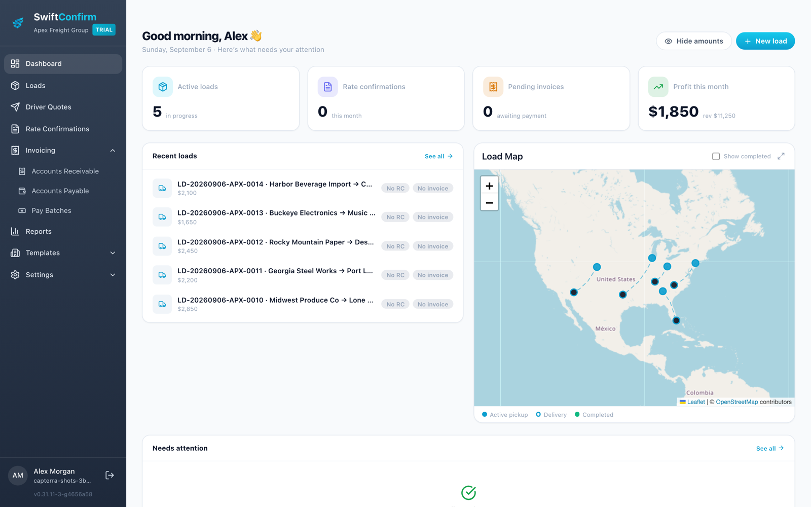 SwiftConfirm dashboard with active loads, monthly profit, and a live load map