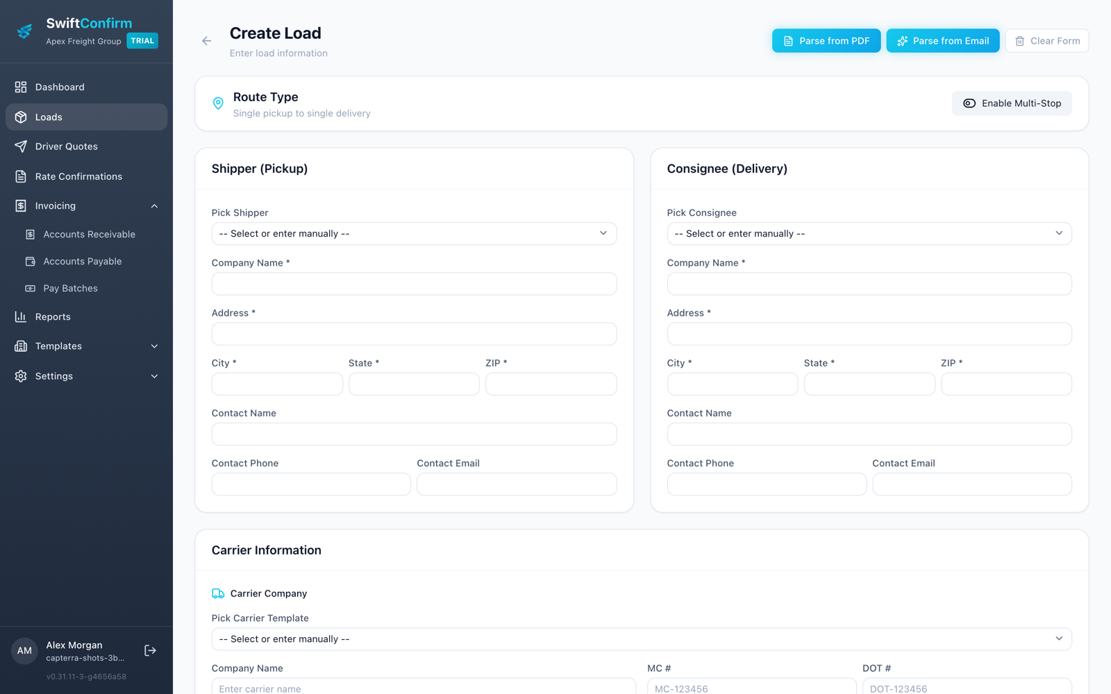 Creating a load in SwiftConfirm with Parse from PDF and Parse from Email buttons